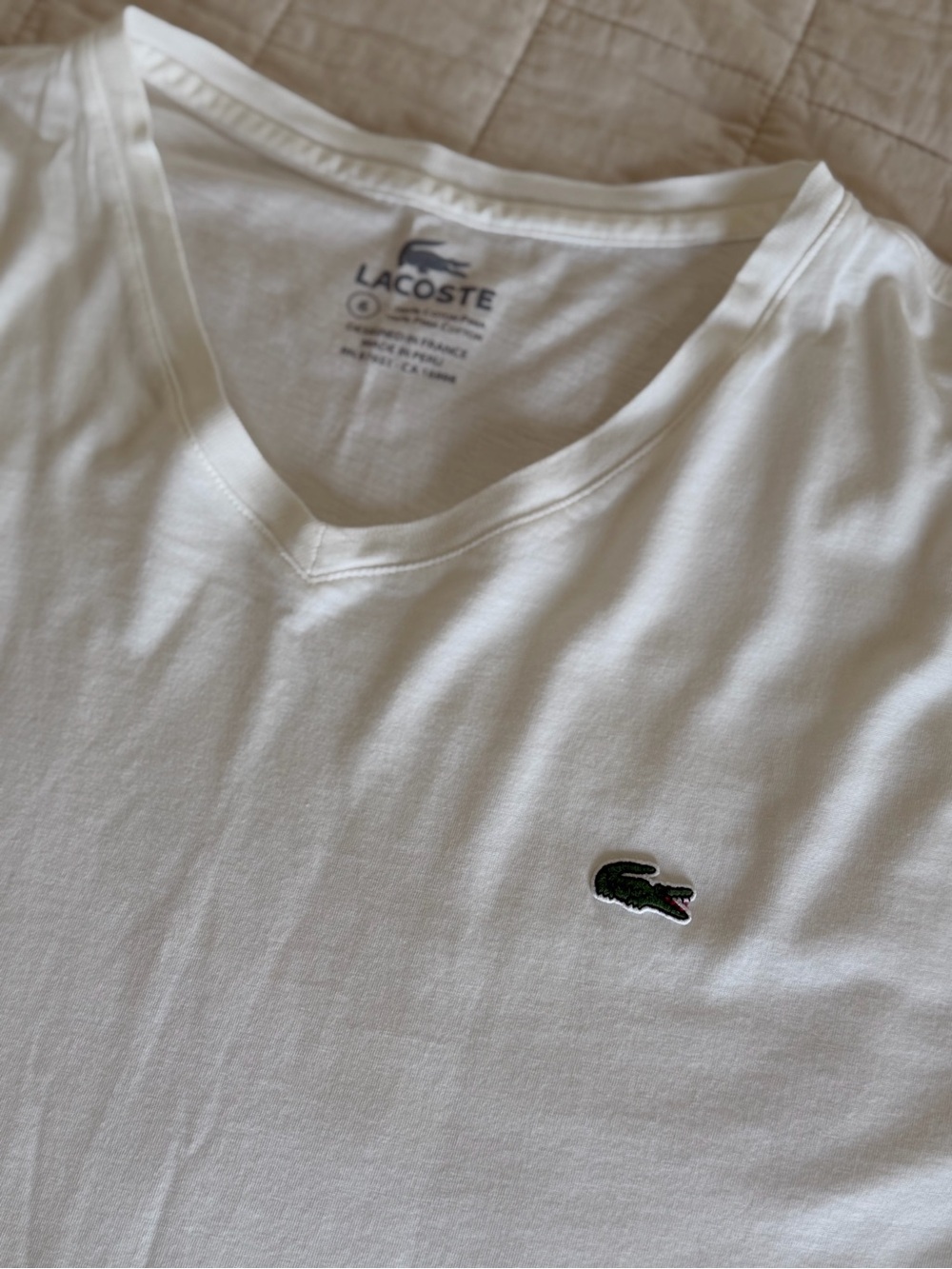 Lacoste White V-Neck Tee with Crocodile Patch